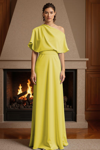 Yellow One Shoulder Ruched Floor-Length Mother of the Bride Dress