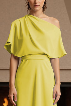 Yellow One Shoulder Ruched Floor-Length Mother of the Bride Dress