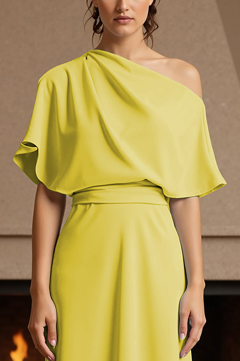 Load image into Gallery viewer, Yellow One Shoulder Ruched Floor-Length Mother of the Bride Dress