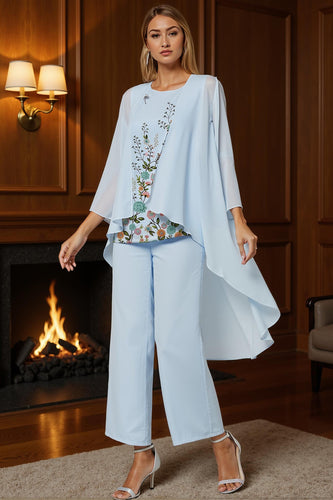 Light Blue Floral 3 Piece Long Mother of the Bride Pant Suits