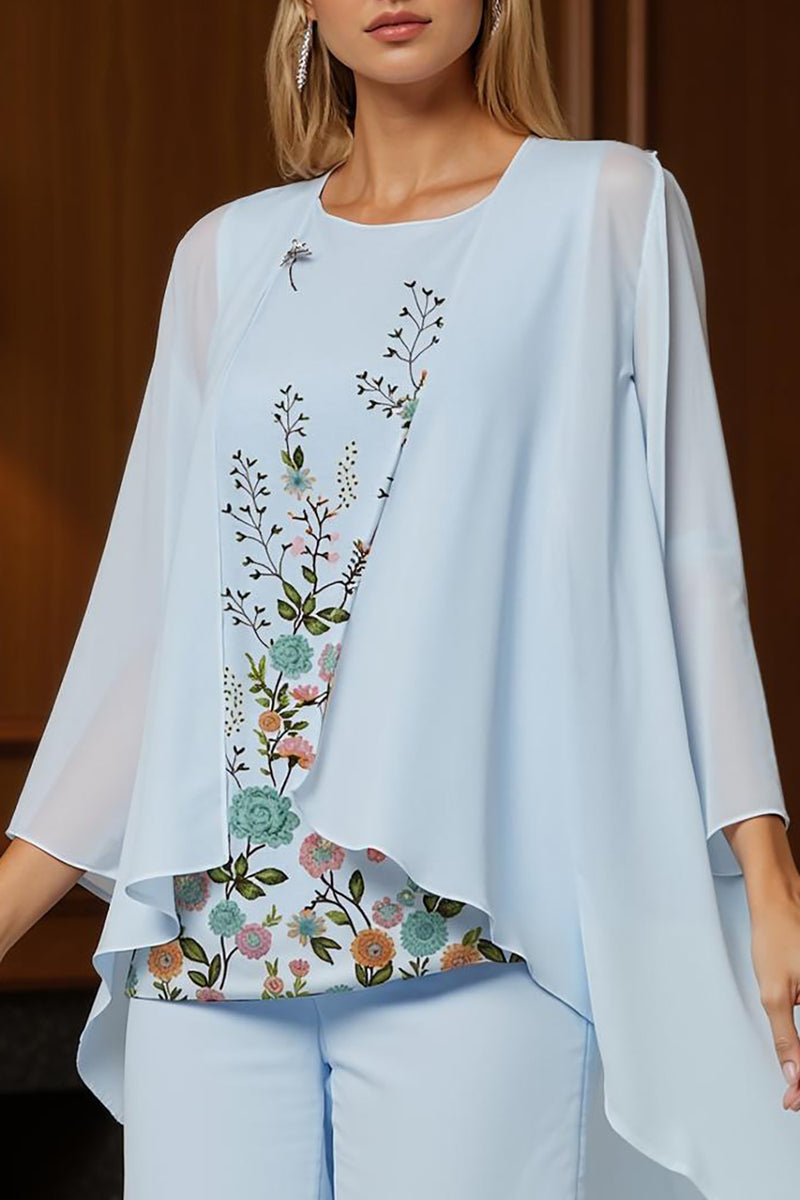 Load image into Gallery viewer, Light Blue Floral 3 Piece Long Mother of the Bride Pant Suits