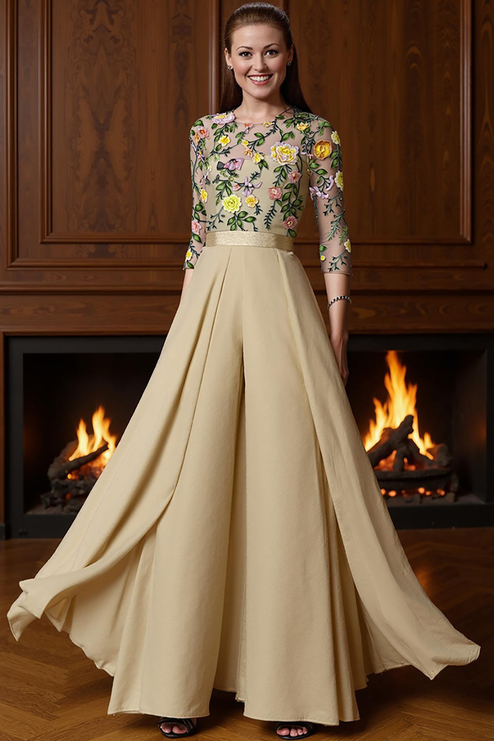 Champagne Floral Long Mother of the Bride Jumpsuits with Cape