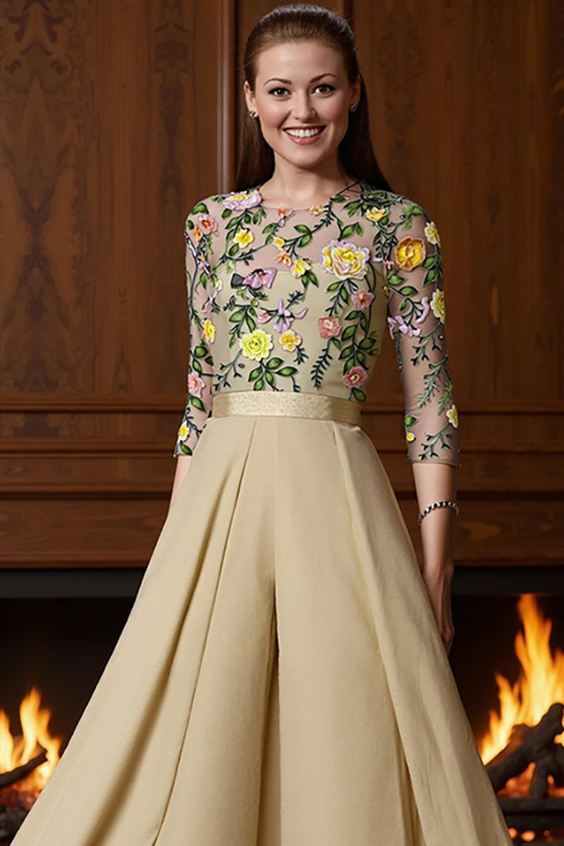 Load image into Gallery viewer, Champagne Floral Long Mother of the Bride Jumpsuits with Cape