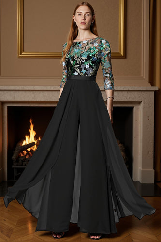 Sparkly Black Beaded Long Mother of the Bride Jumpsuit with Cape
