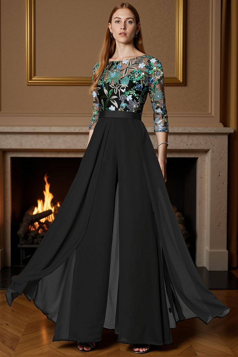 Load image into Gallery viewer, Sparkly Black Beaded Long Mother of the Bride Jumpsuit with Cape