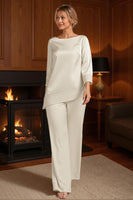 Load image into Gallery viewer, Apricot 2 Piece Bateau Neck Long Mother of the Bride Pant Suits with Sleeves