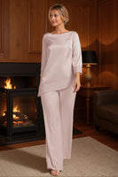 Load image into Gallery viewer, Apricot 2 Piece Bateau Neck Long Mother of the Bride Pant Suits with Sleeves
