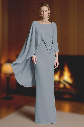 Dusty Blue Ruched Mermaid Long Mother of the Bride Dress with Cape