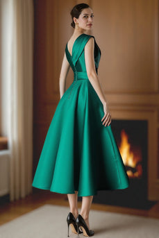 Green Satin Tea Length Mother of the Bride Dress with Bow