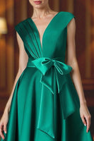 Load image into Gallery viewer, Green Satin Tea Length Mother of the Bride Dress with Bow