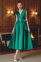 Load image into Gallery viewer, Green Satin Tea Length Mother of the Bride Dress with Bow