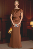 Load image into Gallery viewer, Plum Satin Ruched Mermaid Floor-Length Mother of the Bride Dress with Sleeves