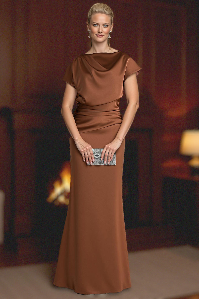 Load image into Gallery viewer, Plum Satin Ruched Mermaid Floor-Length Mother of the Bride Dress with Sleeves