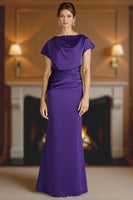 Load image into Gallery viewer, Plum Satin Ruched Mermaid Floor-Length Mother of the Bride Dress with Sleeves