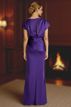 Plum Satin Ruched Mermaid Floor-Length Mother of the Bride Dress with Sleeves