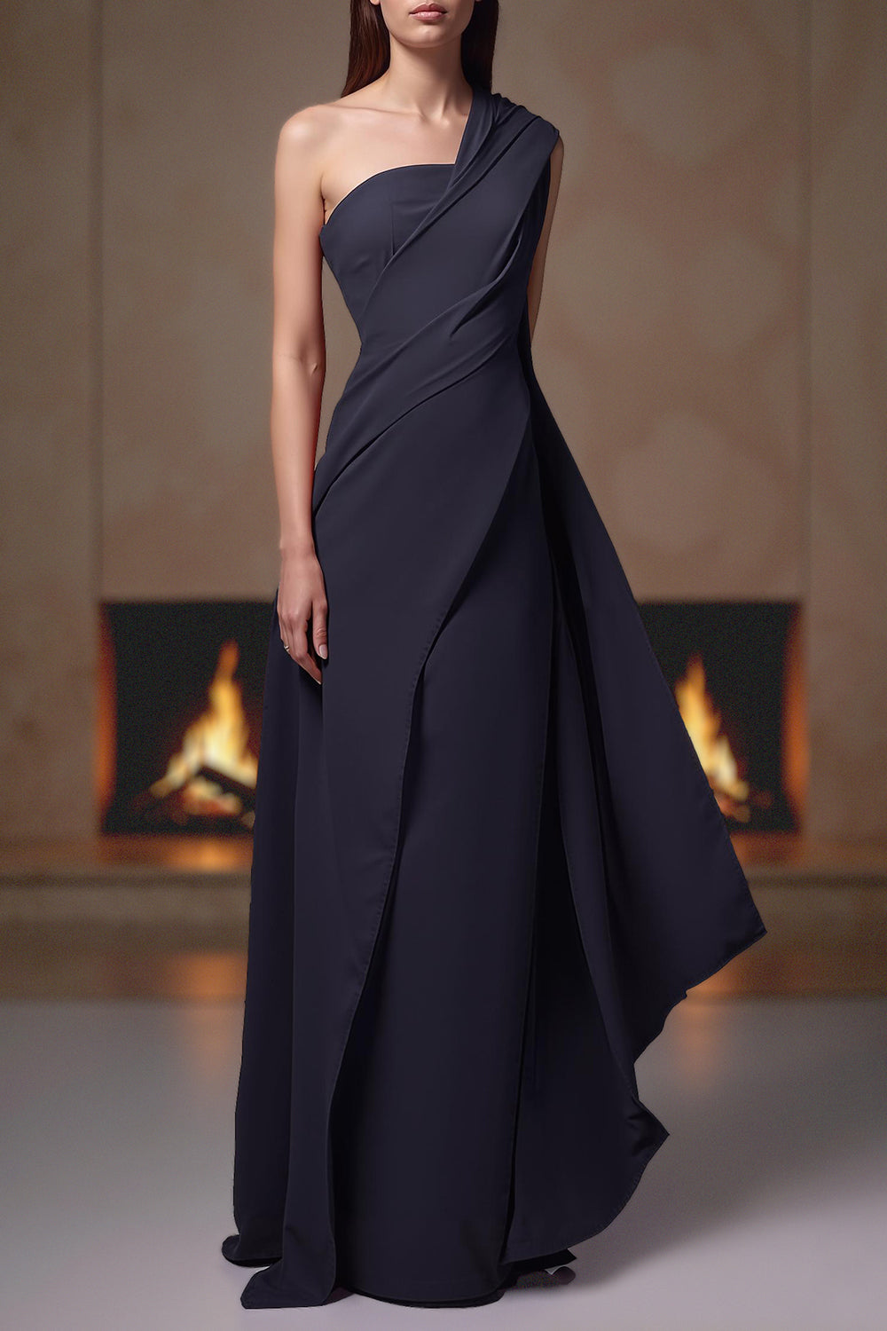 Navy One Shoulder Long Chiffon Mother of the Bride Dress