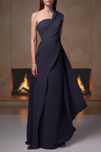 Navy One Shoulder Long Chiffon Mother of the Bride Dress