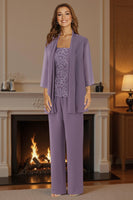 Load image into Gallery viewer, Purple 3 Piece Lace Long Mother of the Bride Pant Suits with Jacket