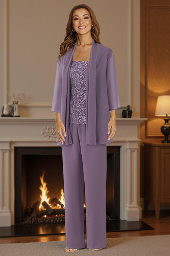 Purple 3 Piece Lace Long Mother of the Bride Pant Suits with Jacket