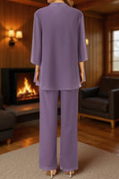 Load image into Gallery viewer, Purple 3 Piece Lace Long Mother of the Bride Pant Suits with Jacket