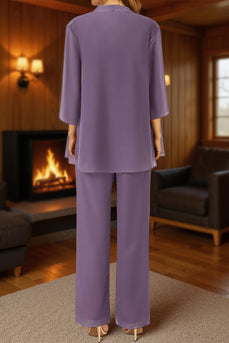 Purple 3 Piece Lace Long Mother of the Bride Pant Suits with Jacket