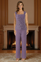 Load image into Gallery viewer, Purple 3 Piece Lace Long Mother of the Bride Pant Suits with Jacket