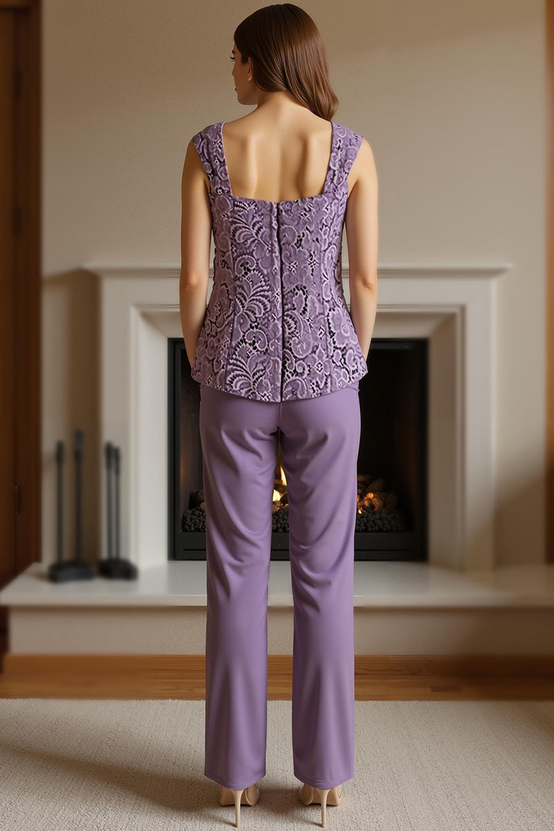Load image into Gallery viewer, Purple 3 Piece Lace Long Mother of the Bride Pant Suits with Jacket