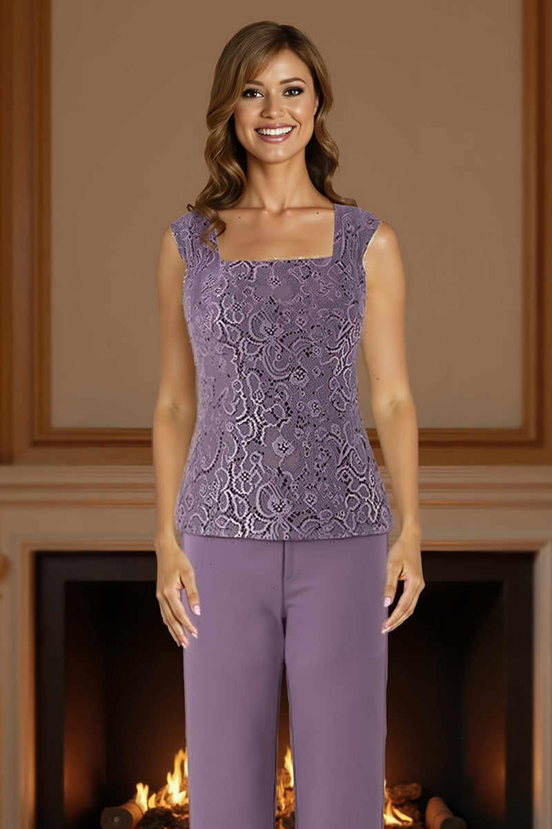 Load image into Gallery viewer, Purple 3 Piece Lace Long Mother of the Bride Pant Suits with Jacket