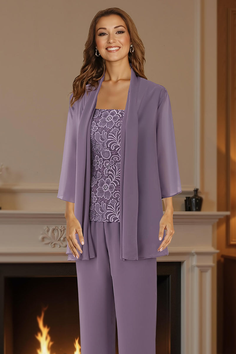 Load image into Gallery viewer, Purple 3 Piece Lace Long Mother of the Bride Pant Suits with Jacket