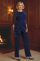 Load image into Gallery viewer, Navy 2 Piece Round Neck Tiered Ruffled Long Mother of the Bride Pant Suits