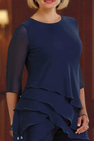 Load image into Gallery viewer, Navy 2 Piece Round Neck Tiered Ruffled Long Mother of the Bride Pant Suits