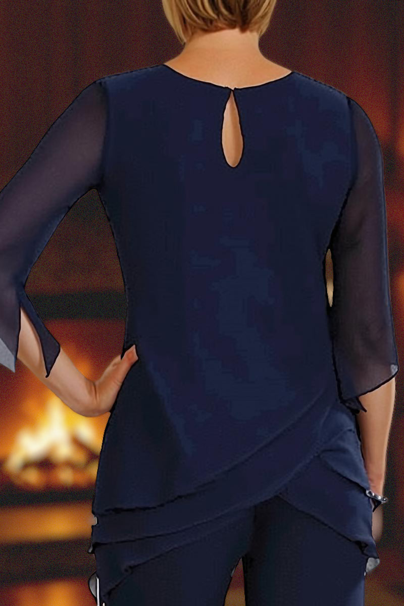 Load image into Gallery viewer, Navy 2 Piece Round Neck Tiered Ruffled Long Mother of the Bride Pant Suits