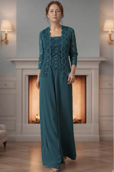 Purple 3 Piece Square Neck Long Mother of the Bride Pant Suits with Jacket