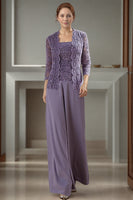 Load image into Gallery viewer, Purple 3 Piece Square Neck Long Mother of the Bride Pant Suits with Jacket