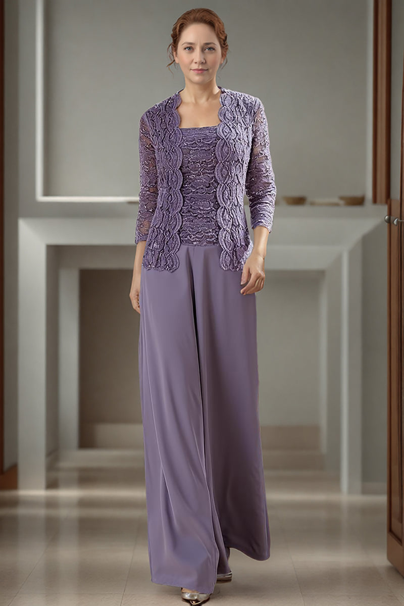 Load image into Gallery viewer, Purple 3 Piece Square Neck Long Mother of the Bride Pant Suits with Jacket