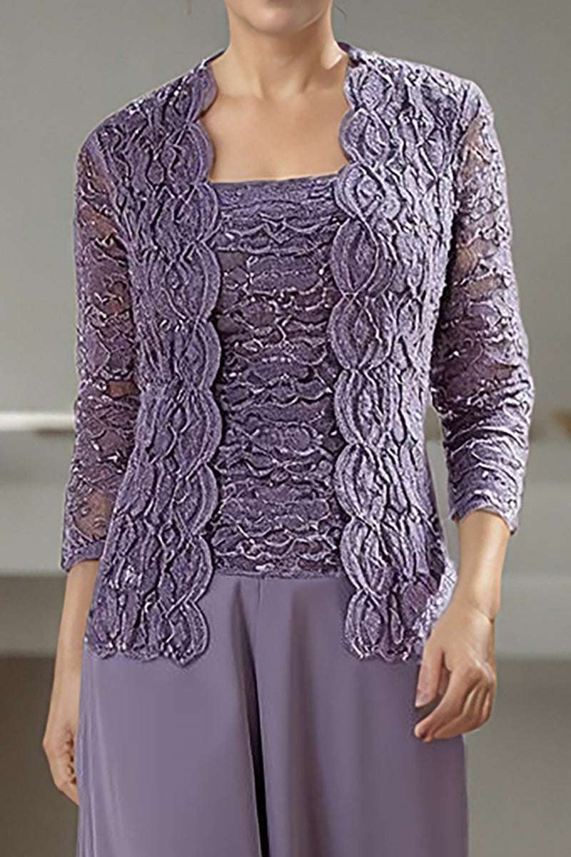 Load image into Gallery viewer, Purple 3 Piece Square Neck Long Mother of the Bride Pant Suits with Jacket