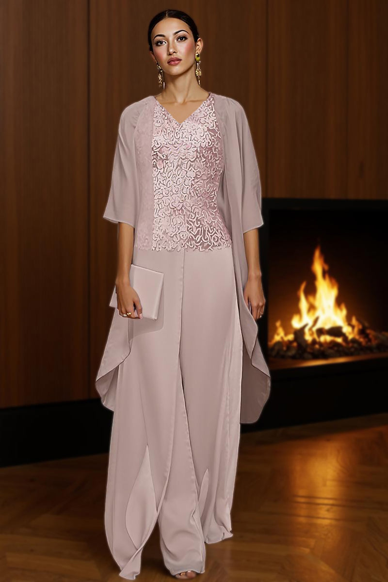 Load image into Gallery viewer, Dusty Rose 3 Piece Lace Long Mother of the Bride Pant Suits with Jacket