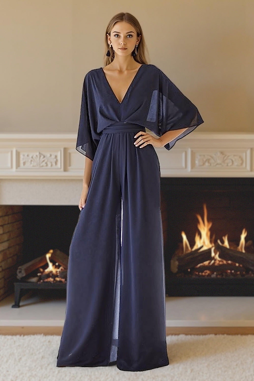 Navy V Neck Long Mother of the Bride Jumpsuits