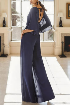 Navy V Neck Long Mother of the Bride Jumpsuits