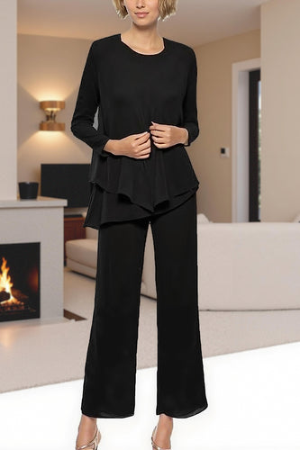 Black 3 Piece Long Sleeves Mother of the Bride Pant Suits with Sleeves