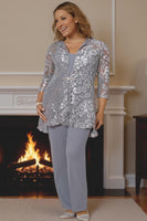 Load image into Gallery viewer, Sparkly Silver 3 Piece Long Mother of the Bride Pant Suits with Lace