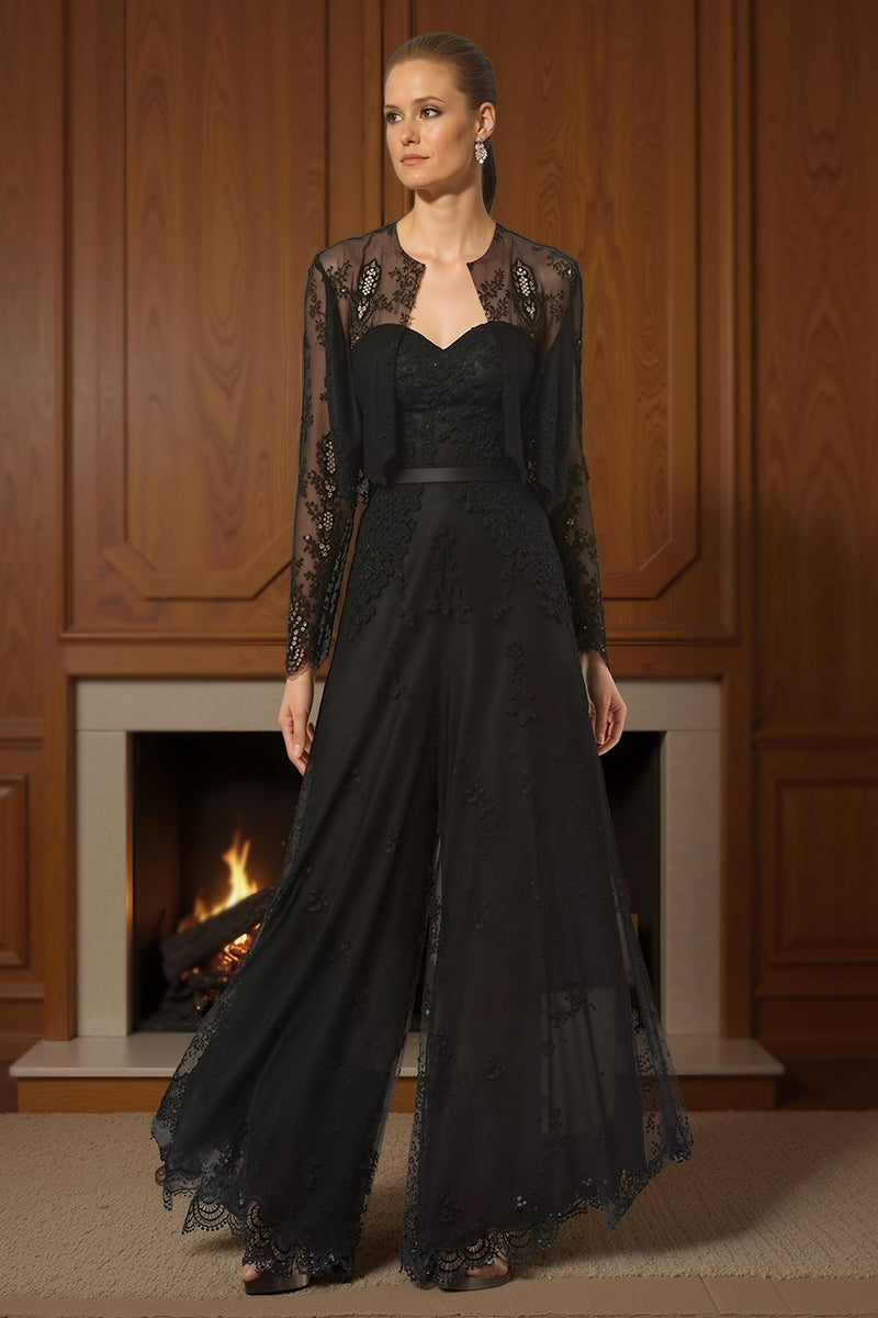 Load image into Gallery viewer, Black Lace 2 Piece Sweetheart Long Mother of the Bride Jumpsuits with Jacket