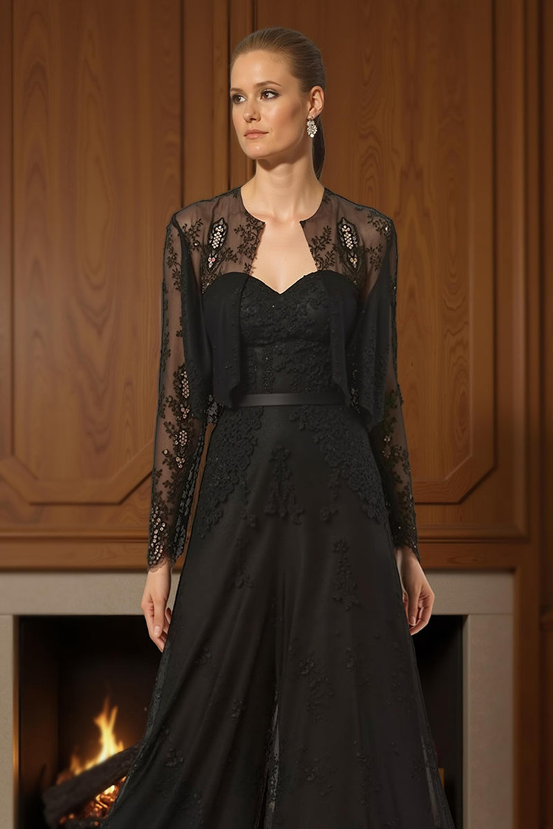 Load image into Gallery viewer, Black Lace 2 Piece Sweetheart Long Mother of the Bride Jumpsuits with Jacket