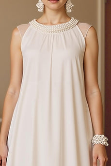 Ivory A Line Ruched Tea Length Mother of the Bride Dress with Pearls