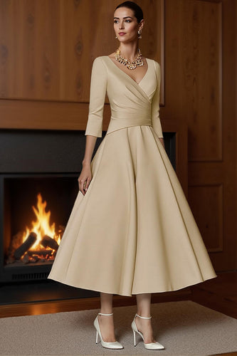 Champagne V Neck A Line Ruched Ankle Length Mother of the Bride Dress
