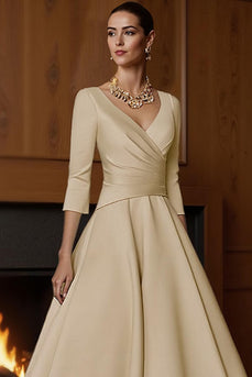 Champagne V Neck A Line Ruched Ankle Length Mother of the Bride Dress