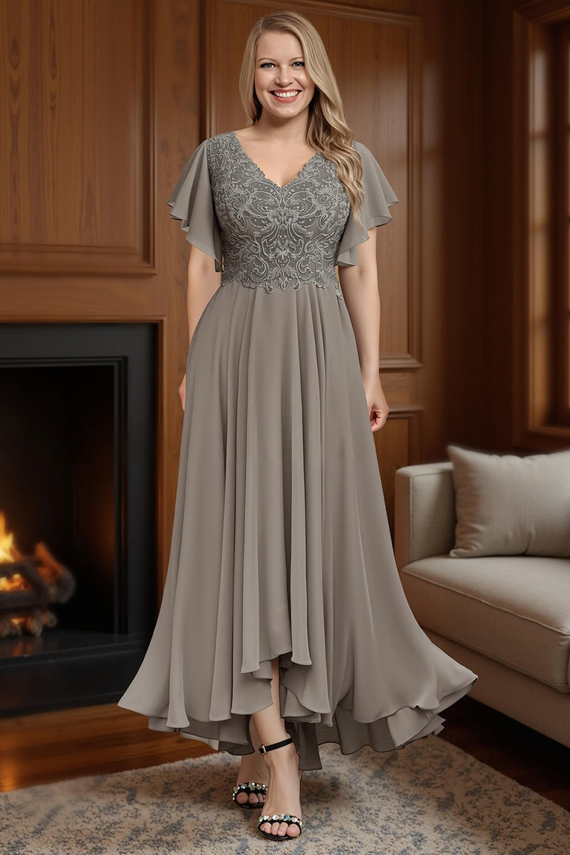 Load image into Gallery viewer, Dusty Blue V Neck A Line Ruffled Ankle Length Mother of the Bride Dress with Sleeves