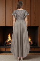 Load image into Gallery viewer, Dusty Blue V Neck A Line Ruffled Ankle Length Mother of the Bride Dress with Sleeves