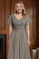 Load image into Gallery viewer, Dusty Blue V Neck A Line Ruffled Ankle Length Mother of the Bride Dress with Sleeves