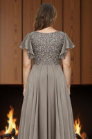 Load image into Gallery viewer, Dusty Blue V Neck A Line Ruffled Ankle Length Mother of the Bride Dress with Sleeves